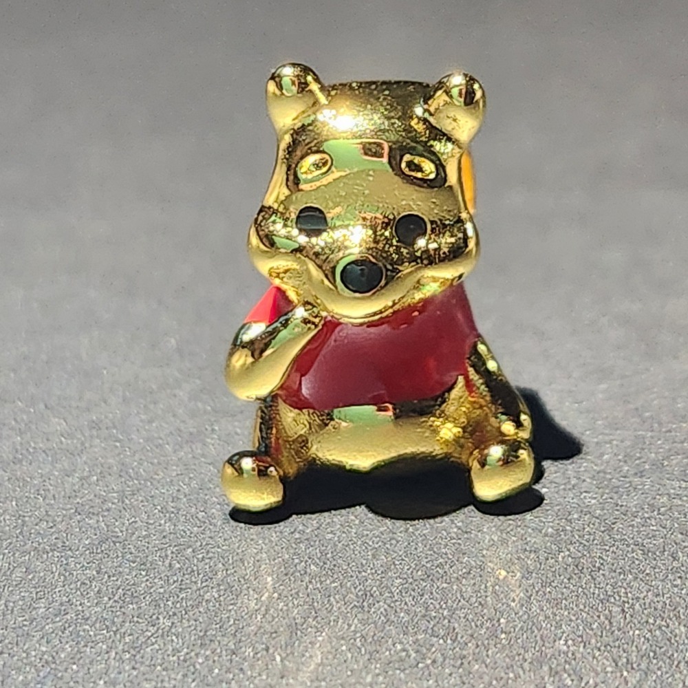 Pandora Disney Winnie the Pooh 14k Gold Plated Red Enamel Bear Slide Charm Bead